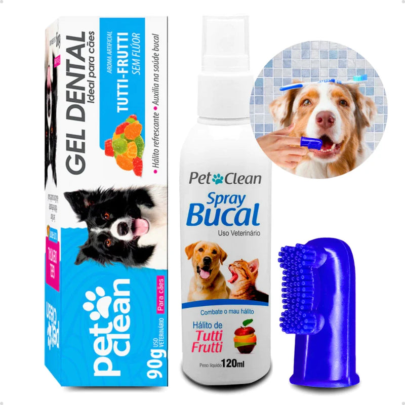 Kit Higiene Dental Pet com Gel Dental, Spray Bucal e Escova Dedeira