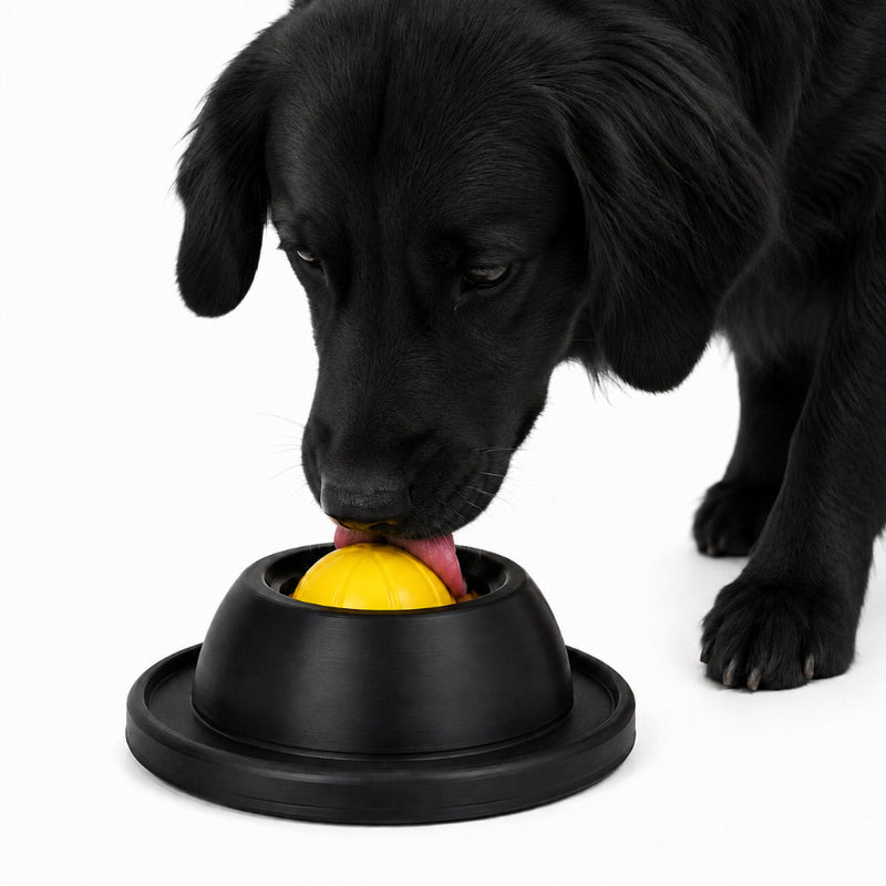 Brinquedo Interativo para Cães Bola Giratória Anti Ansiedade Dispenser Petisco Lambedor Comedouro Lento Pet - Preto e Amarelo