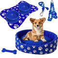Kit cama pet azul com comedouro e peitoral