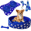 Kit cama pet azul com comedouro e peitoral