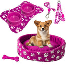 Kit cama pet rosa com comedouro e peitoral