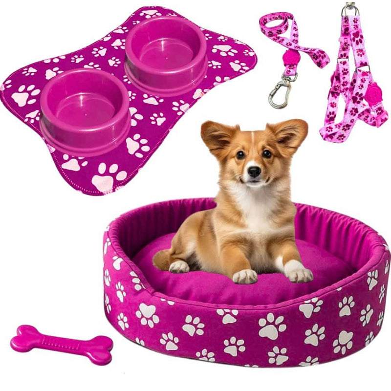 Kit cama pet rosa com comedouro e peitoral